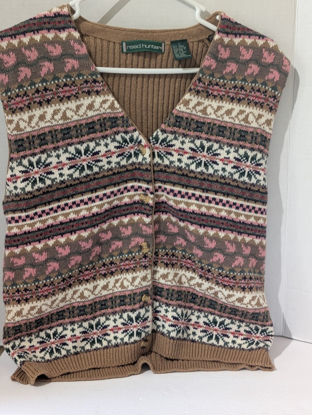 Vintage 90s Reed Hunter Tan and Pink Fair Isle Button-Up Sweater Vest, Large